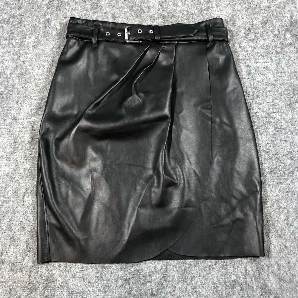 Express‎ Womens 2 Black Faux Leather Tulip Mini Skirt Belted Asymmetrical